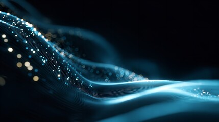 Glowing network threads dance conveying future tech and connectivity in shades of cyan and dark