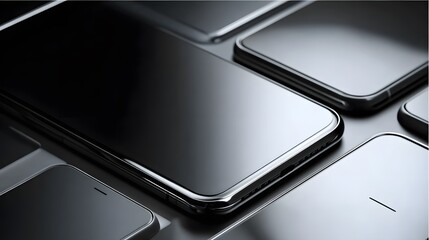 A row of cell phones are lined up, all of which are black