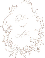 Wedding hand drawn line floral frame. Vintage wedding greenery wreath. Vector illustration botanical decoration elements for wedding invitation, label, branding business identity, greeting card