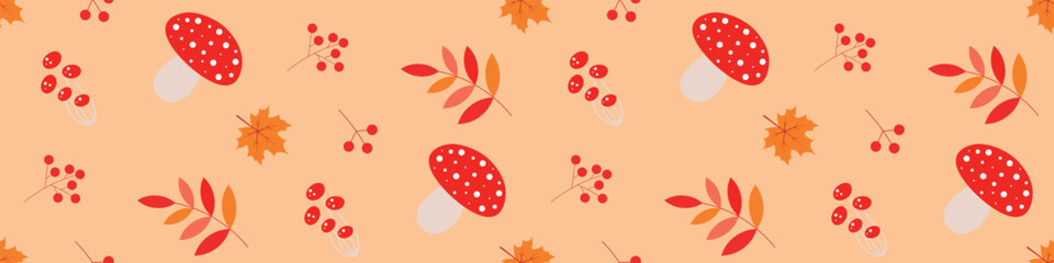 Cute fall pattern with mushrooms in flat style and leaves on beige background. Fly agaric mushrooms. Seamless pattern for wrapping paper, textile, fabric. Fall mood.  Vector illustration. 