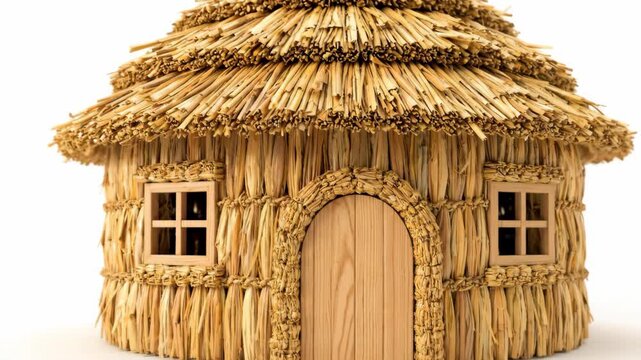 Straw House Model on White Background - A charming miniature straw house with a thatched roof and wooden door and windows is shown against a plain white backdrop.