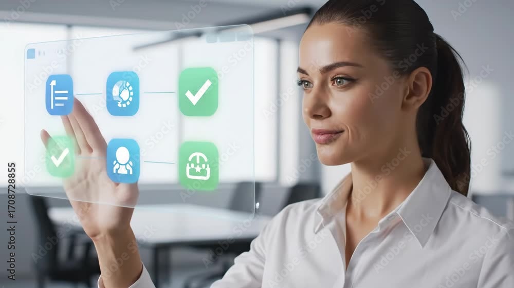 Poster woman using digital task management interface - a young businesswoman interacts with a transparent d