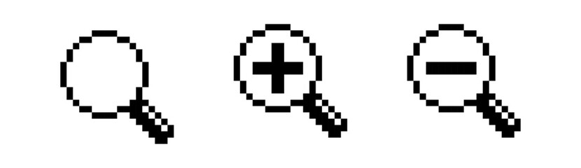 Pixel magnifying glass icons, search zoom in and zoom out symbols, vector illustration, Pixel art.