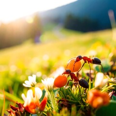 Ants carrying food in a meadow at sunrise