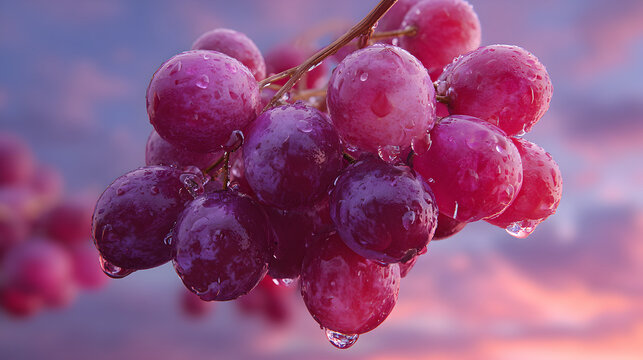 Succulent red grapes glistening with fresh water droplets create a vibrant and inviting natural food scene against a soft sunset sky. - Powered by Adobe