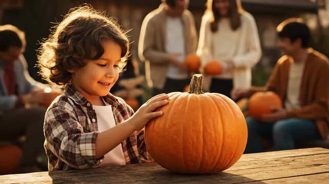 Child Selecting a Pumpkin at Autumn Festival - A young boy with curly hair carefully examines a large orange pumpkin on a wooden table.