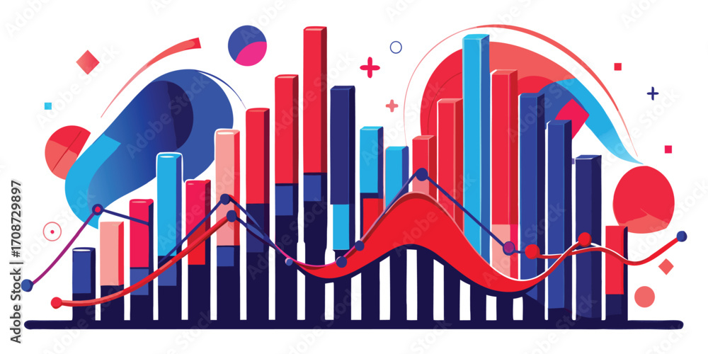 Poster dynamic abstract data charts with colorful waves and geometric shapes visualization