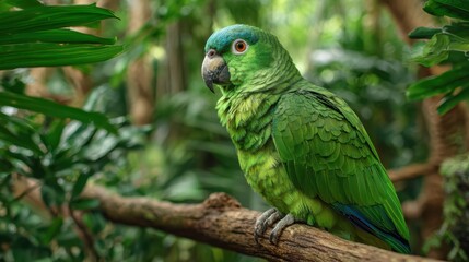 Vibrant Green Parrot Perched on a Rustic Branch, Inspiring Natural Wonders for Social Media Campaigns and Lifestyle Branding A Perfect Splash of Serenity.