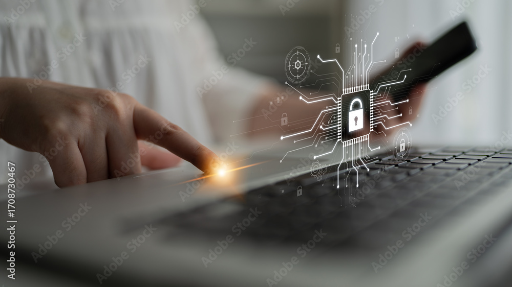 Poster cyber security system protecting digital infrastructure. cyber security ensures data safety, prevent