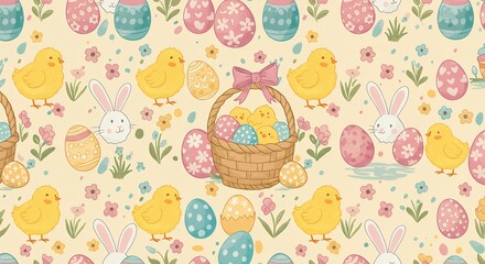 Easter holiday pattern featuring eggs chicks and basket in soft pastel colors