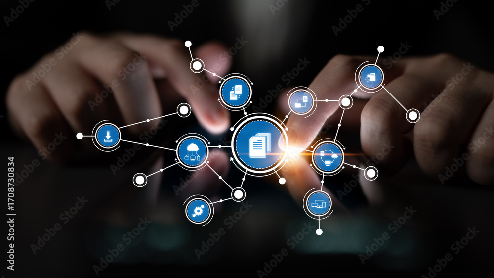 Aufkleber hands interact with virtual icons in a digital network, symbolizing data flow and connectivity in mo