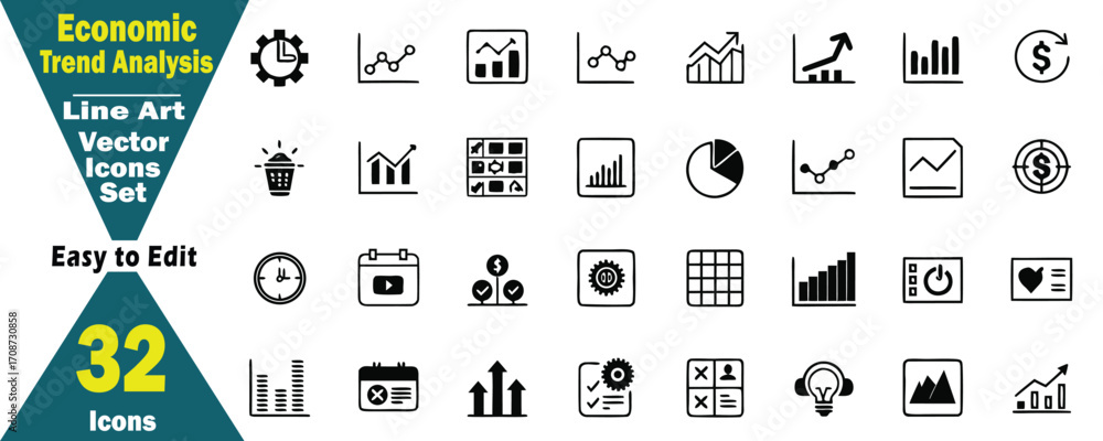 Poster economic trend analysis line art vector icons set with 32 elements graph chart
