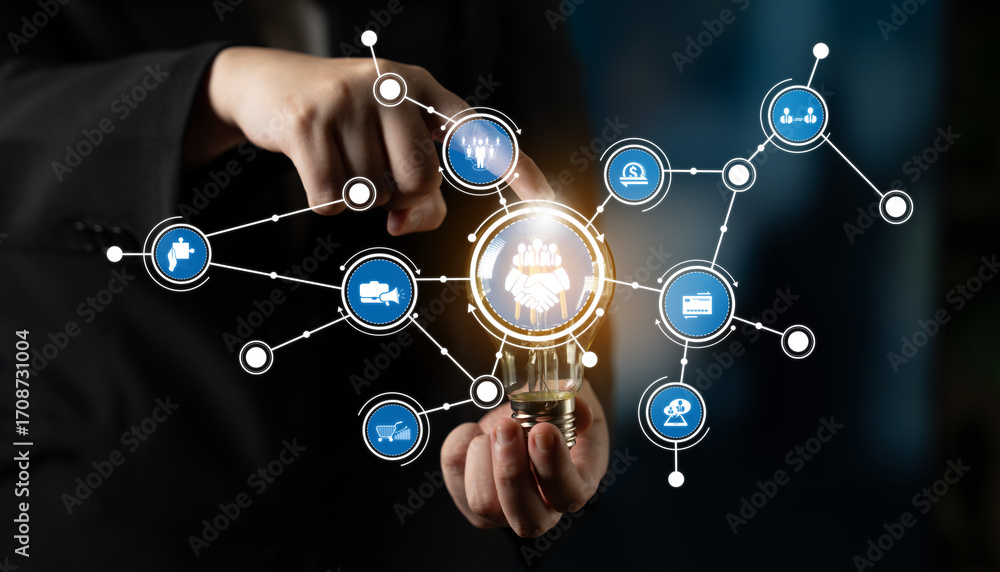 Poster a business professional engages with a virtual interface showcasing various technology and data icon