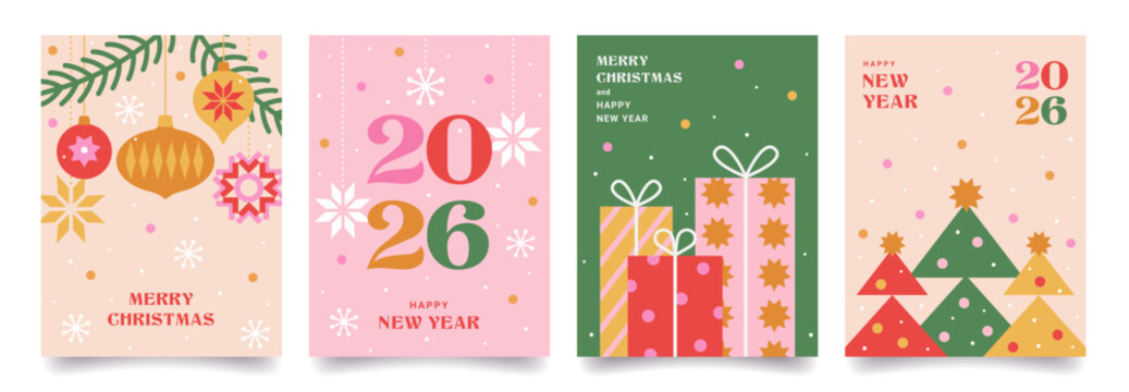 Merry Christmas and Happy New Year posters or greeting cards. Trendy modern backgrounds with Christmas tree, gifts, snowflakes, holiday decor in minimal style. Vector template for banner, print, web.