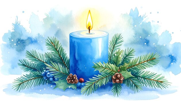 Watercolor candle with winter greenery (1)