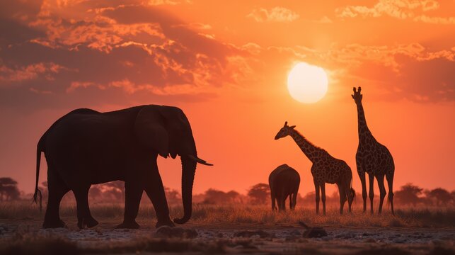 Majestic African Sunset African Savannah Panorama Featuring Loxodonta Africana Elephants and Tall Giraffes, Ideal for Branding and RelaxationFocused Projects. - Powered by Adobe
