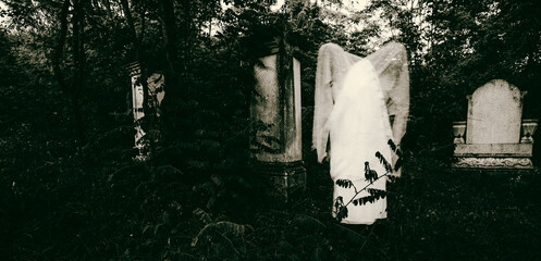 scary ghost in cemetery at night Halloween background