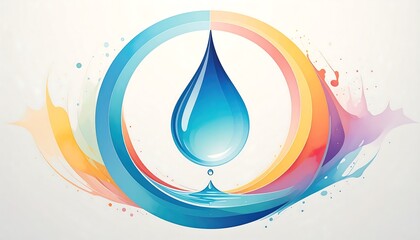 Abstract water drop illustration encircled by colorful semi-circles and flowing elements