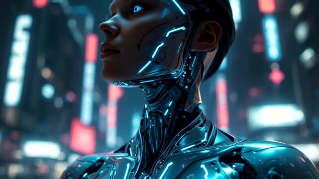 Closeup portrait of a futuristic female cyborg with glowing blue circuits on her metallic skin, set against a blurred neon city background 4k video