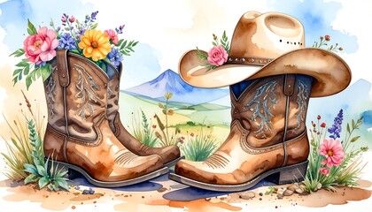 Watercolor of cowboy boots filled with flowers against a peaceful, rural landscape