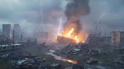 Apocalyptic cityscape engulfed in flames with lightning strikes showcases urban devastation and destruction perfect for disaster preparedness campaigns and cautionary narratives about the future