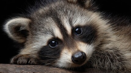 Adorable Baby Raccoon Resting on a Log, Vibrant Eyes Gazing Off into Distance Perfect for Lifestyle and AnimalThemed Projects, Evoking Gentle Curiosity.