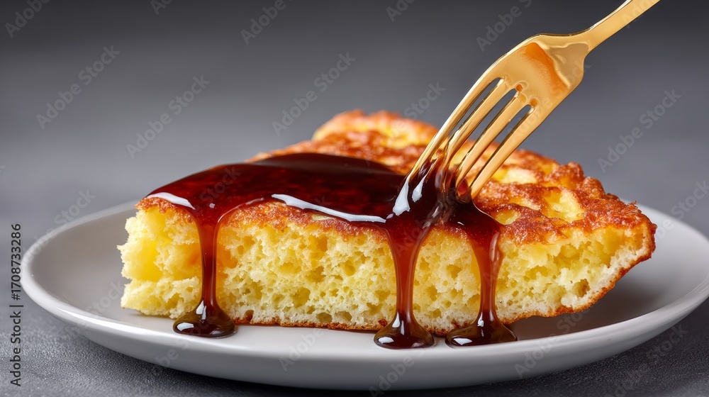 Poster fork is dipping into a piece of cake with a drizzle of syrup. the cake is cut into a triangle and is