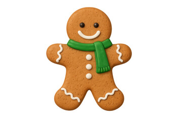Smiling gingerbread man wearing green scarf on transparent background