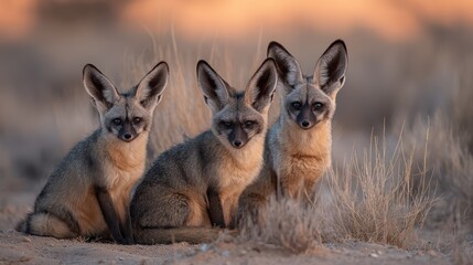 Fototapeta premium Bateared Fox Family Portrait in the Majestic Kgalagadi Desert Captivating Wildlife Scene for Naturethemed Campaigns, Inspiring Tranquility and Connection with the Wild.