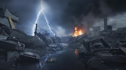 Experience the devastation of a city in ruins with burning flames and dark ominous clouds, perfect for documentaries, disaster films, and post-apocalyptic scenarios - Powered by Adobe