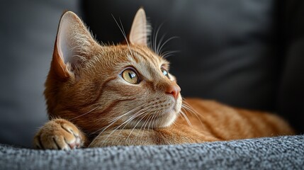 A ginger cat rests on a gray surface, gazing thoughtfully into the distance, sunlight illuminating its fur