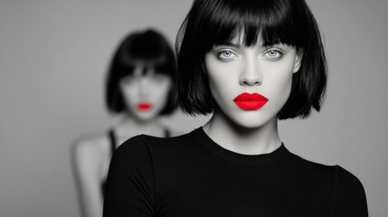 Woman with short hair and red lipstick stands in front of a black background. The image has a bold and confident mood, with the woman's striking features