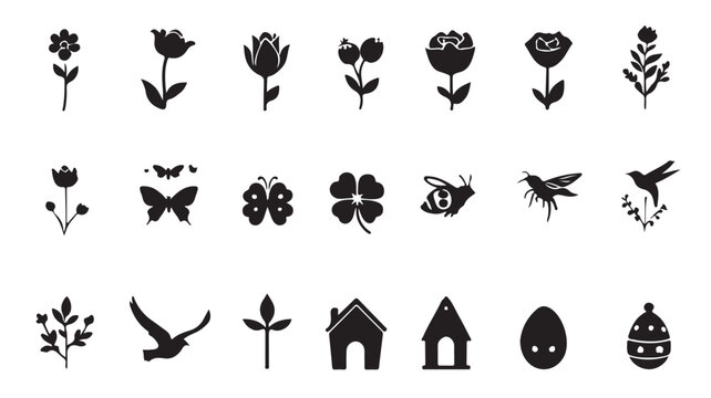 Vector spring easter floral elements collection silhouette flower butterfly bird bee house egg set icons