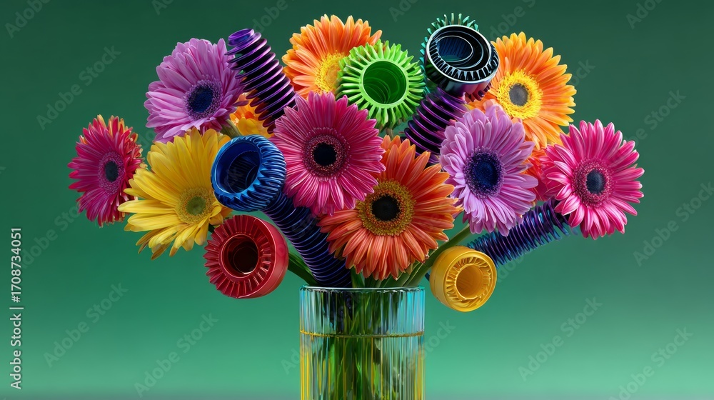 Poster vase of colorful flowers with a green background. the flowers are in various colors and sizes, and t