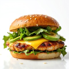 Gourmet chicken sandwich with grilled chicken breast, melted Swiss cheese, fresh avocado slices on toasted ciabatta bun. Lemony aioli adds zesty flavor to delicious layered meal. Perfect for food