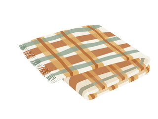 Folded cozy plaid blanket with fringe in warm autumn colors of beige orange and green isolated on white background