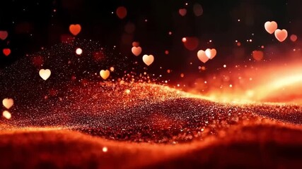 Abstract red background with glowing golden particles and hearts. Shimmering festive effect, concept for Christmas, New Year or Valentine celebration. - Powered by Adobe