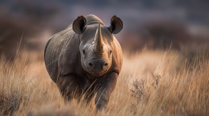 Fototapeta premium Majestic Black Rhino Roaming the African Savannah, Caught in a Pensive Moment, Perfect for Conservation Campaigns, Inspiring Awe and Respect.
