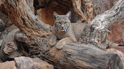 A Majestic Bobcat Sitting Serenely on a Log in the Arizona Sonora Desert Museum, Tucson, Arizona Perfect for WildlifeThemed Projects, Providing an Air of Calmness and Tranquility.