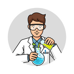 Scientist in lab coat pours liquid into flask with plant inside circle.
