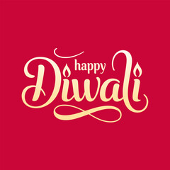 Happy Diwali script, elegant calligraphy swirl, cream lettering on red, festive luxury style, holiday greeting card, vector illustration