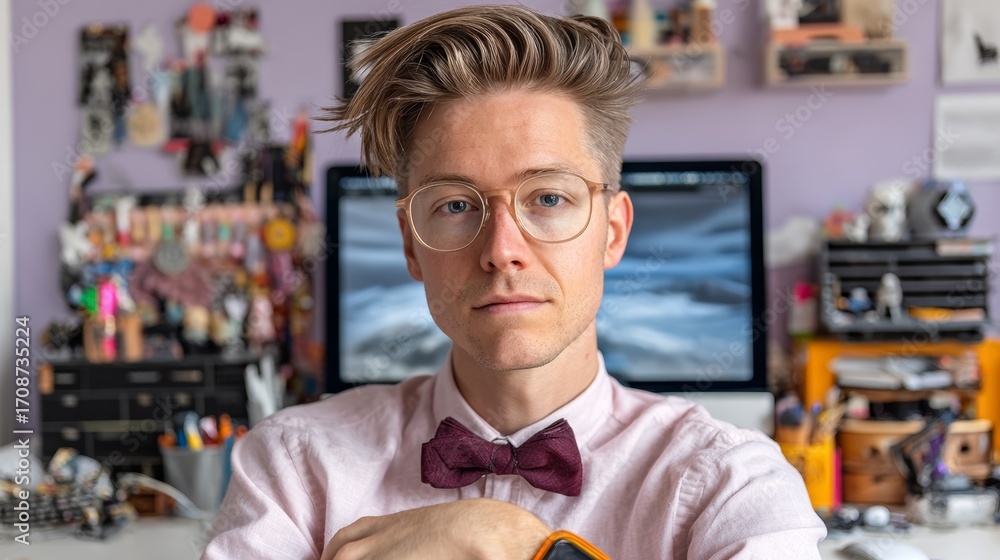 Poster man in a pink shirt and a bow tie is sitting in front of a computer monitor. he is wearing glasses a