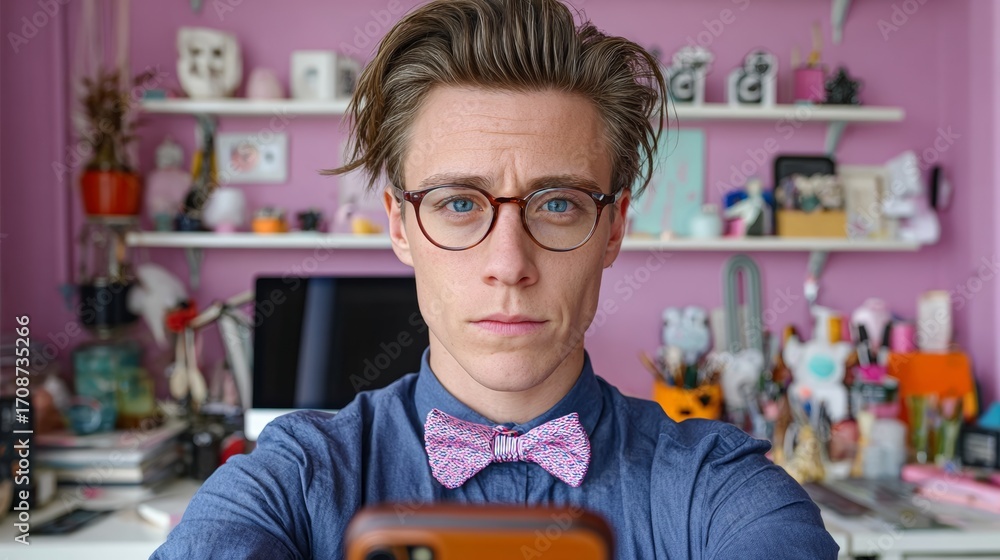 Poster man with glasses and a bow tie is taking a picture of himself with a cell phone. concept of self-awa