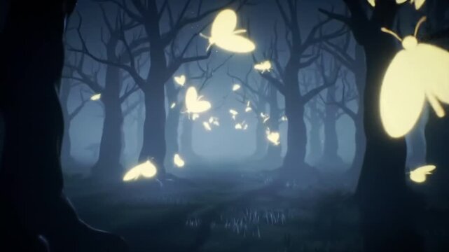 Abstract glowing fireflies moving gently in dark forest with fog and moonlight. Fantasy magical atmosphere seamless loop.