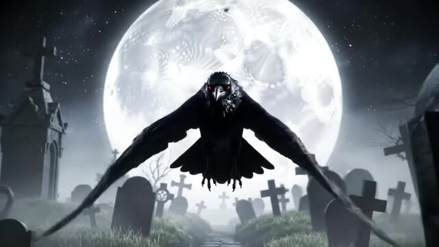 Mystical raven with glowing red eyes flying above foggy graveyard under full moon. Dark fantasy cinematic loop.
