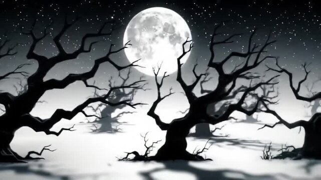 Silhouette of bare trees swaying in strong wind under glowing full moon. Gothic night background animation seamless loop.