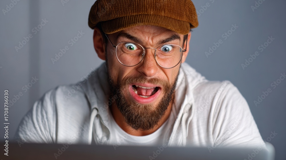 Poster man with glasses and a brown hat is looking at a computer screen with a surprised expression on his 