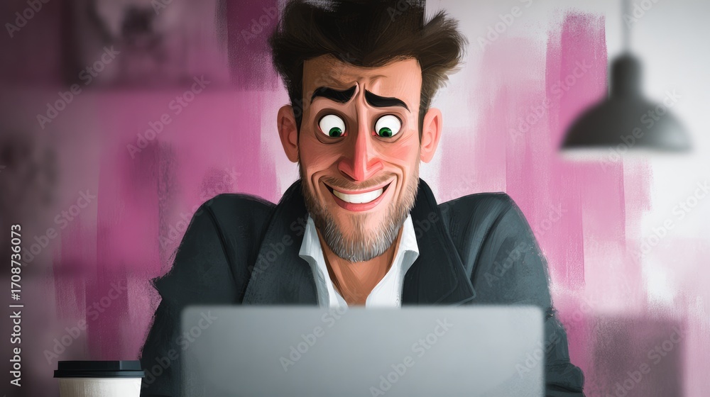Aufkleber cartoon man is sitting at a desk with a laptop in front of him. he is smiling and looking at the scr