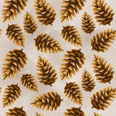 Watercolor pine cones seamless pattern on beige background
