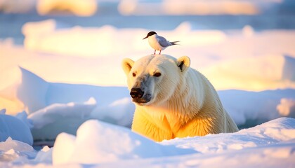 Polar bear on ice with bird at sunrise